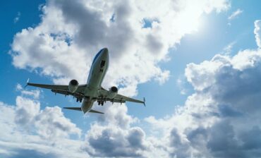 Airplane flying over blue skies