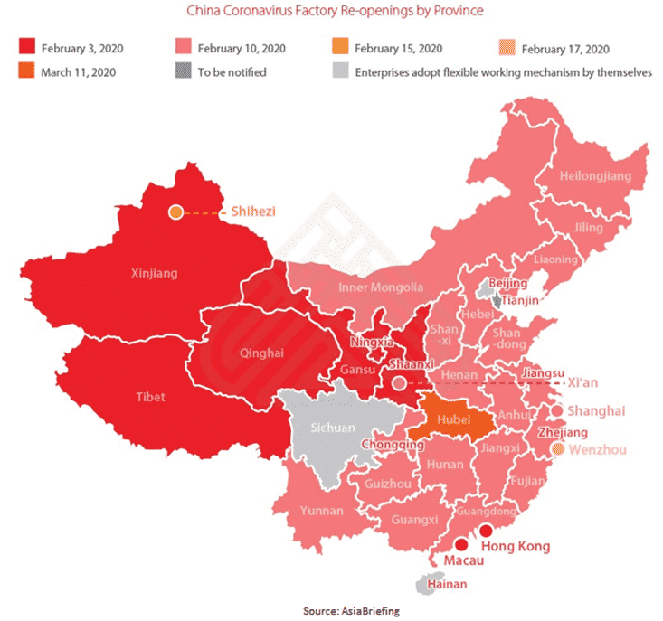 Map of China Coronavirus Factory Re-openings by Province